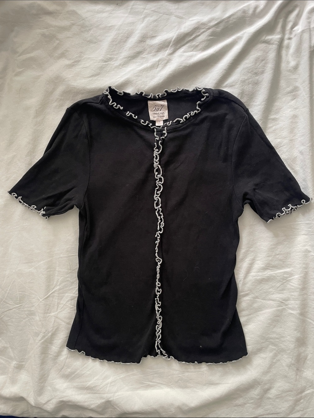 cinq a sept Black Short Sleeve Top with White Lettuce-Edge Trim